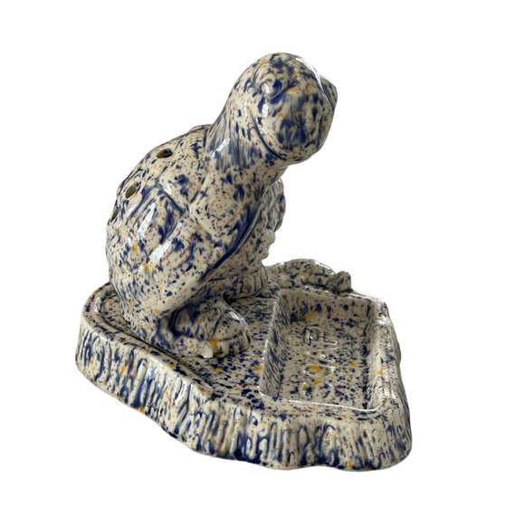 Vintage 90s Turtle Toothbrush Holder & Soap Dish Bathroom Set Blue White Speckle - Picture 2 of 7